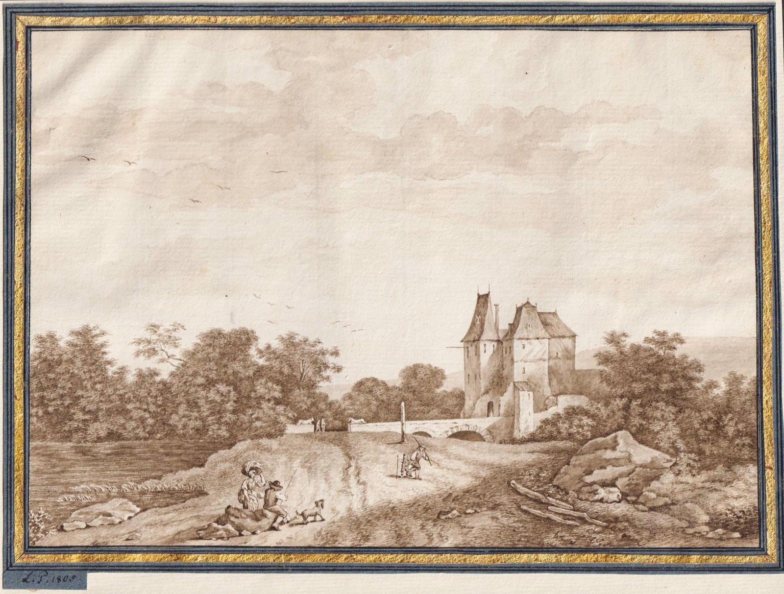 Castle at the Lake / Castle By Switzerland Tyrol Austria Sepia Drawing 1805