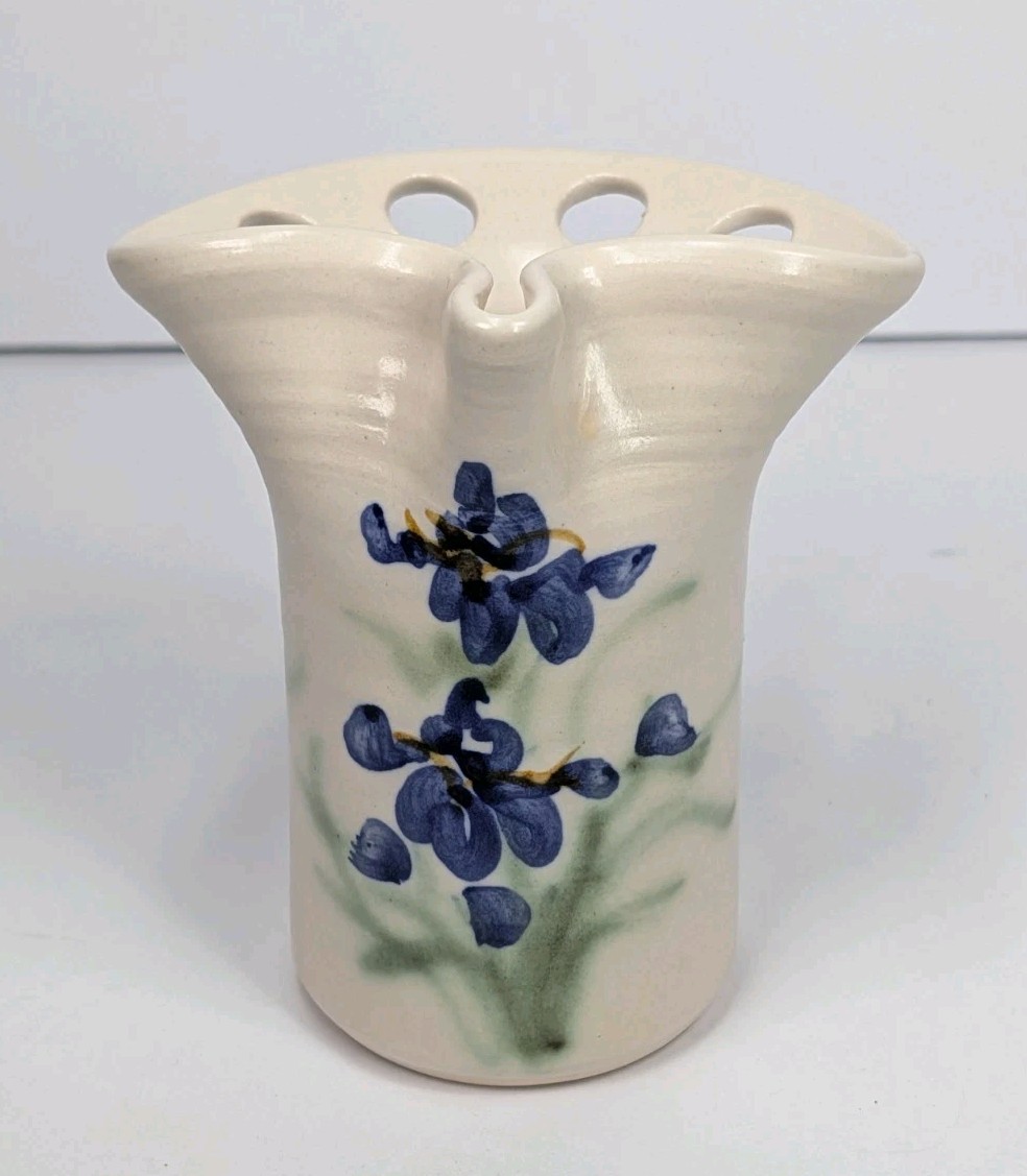 Handmade Studio Art Purple Iris Pottery Toothbrush Makeup Brush Holder 4 Holes 