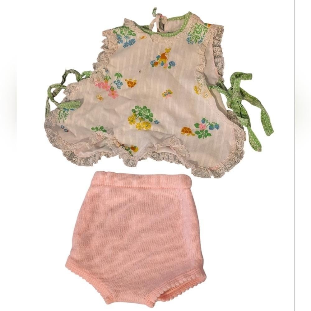 70s Vintage Sears Mushroom Snail Raccoon Print Infant Apron Dress Rare