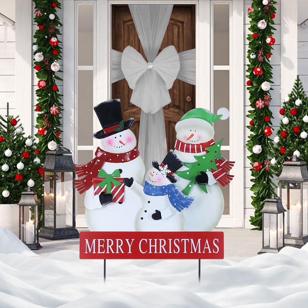 Outdoor Christmas Decorations, 3 Snowman Family Metal Decorative Garden Stake...