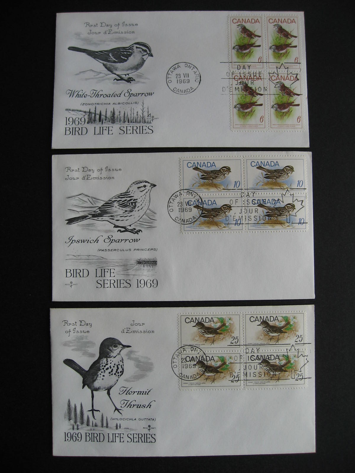Canada Rosecraft FDC birds blocks of 4 Sc 496-8 first day covers