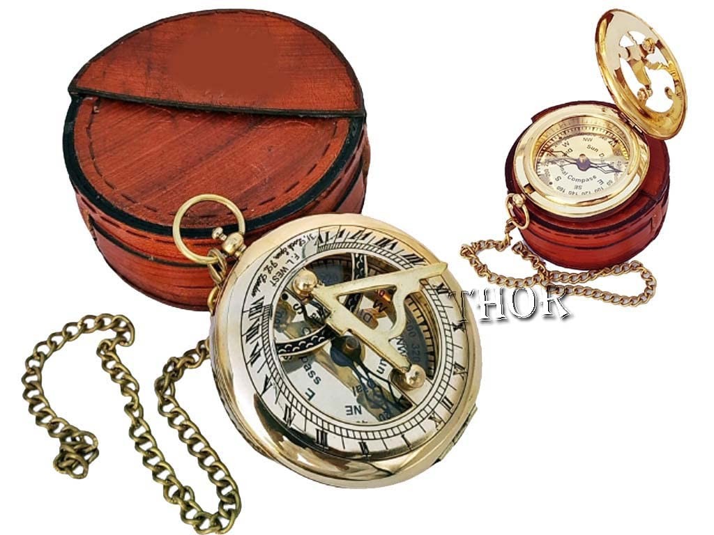 Beautiful Brass Sundial Compass with Brown Leather Case & Chain | Push Open C...