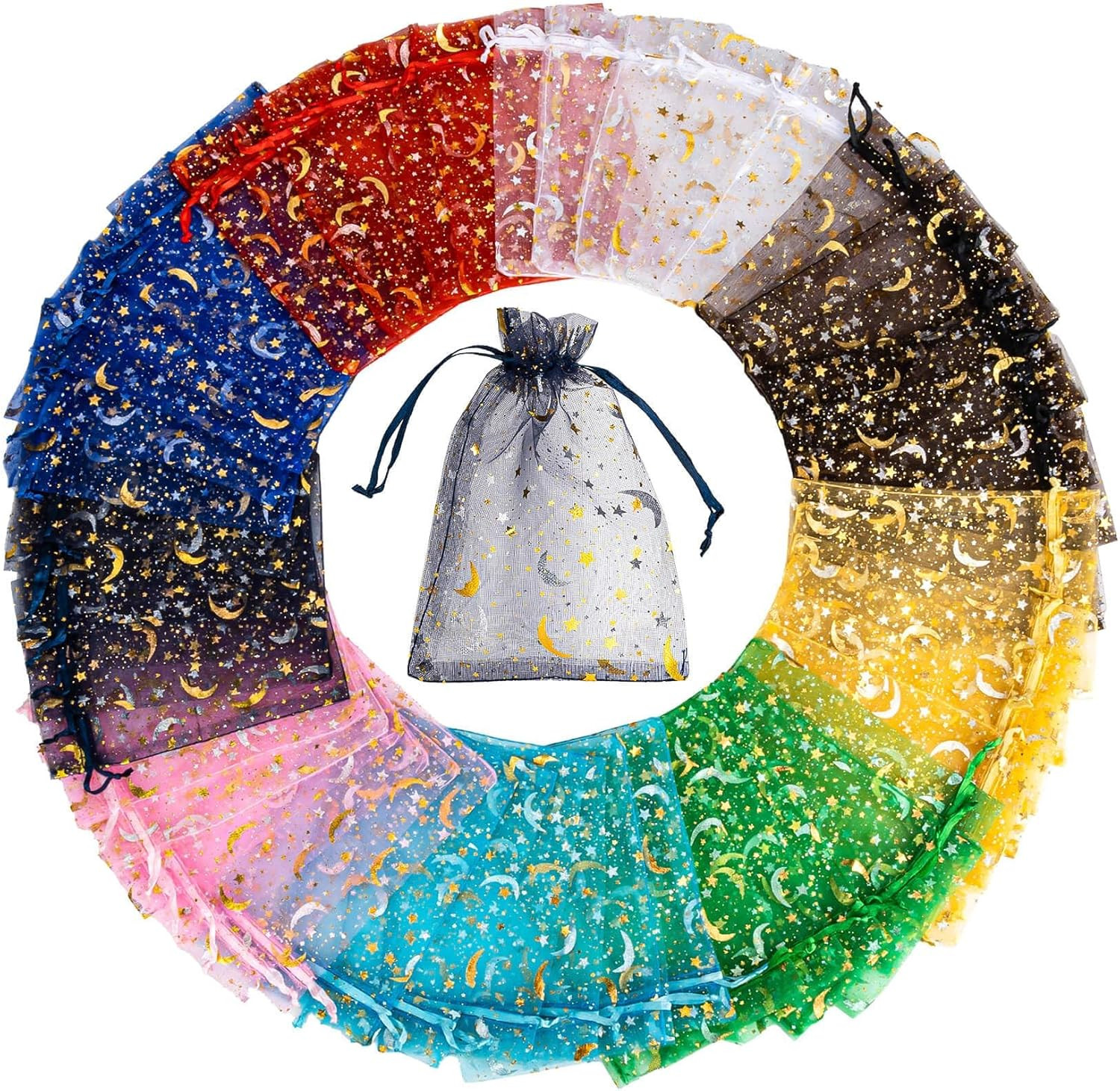 100pcs Organza Bags - 4"X6" Moon Star Small Gift Bags Bulk Party Favor Mesh Draw