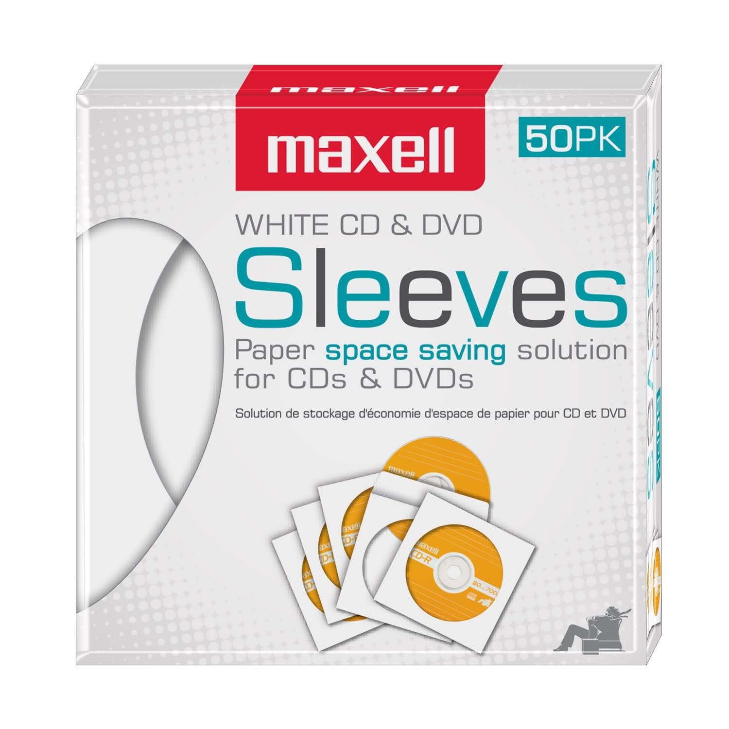 Maxell 190135 Protective Thin Clear Plastic Easy Storage CD & DVD 50pk, White 