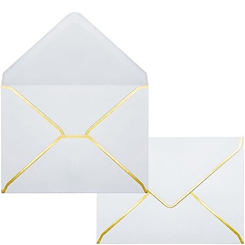 50 Pack 5x7 Envelopes for Invitations with Gold Border, Self Adhesive A7 White
