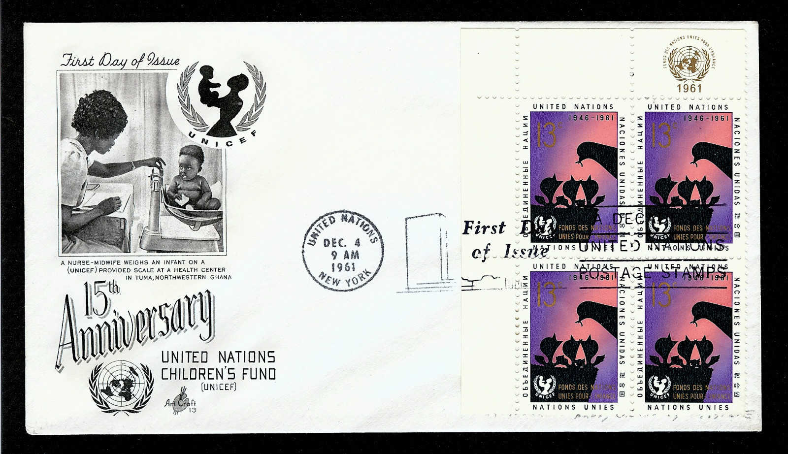 FDC UN New York #99 UNICEF 15th Anniversary 13c PB4 ARTCRAFT U/A First Day 1961