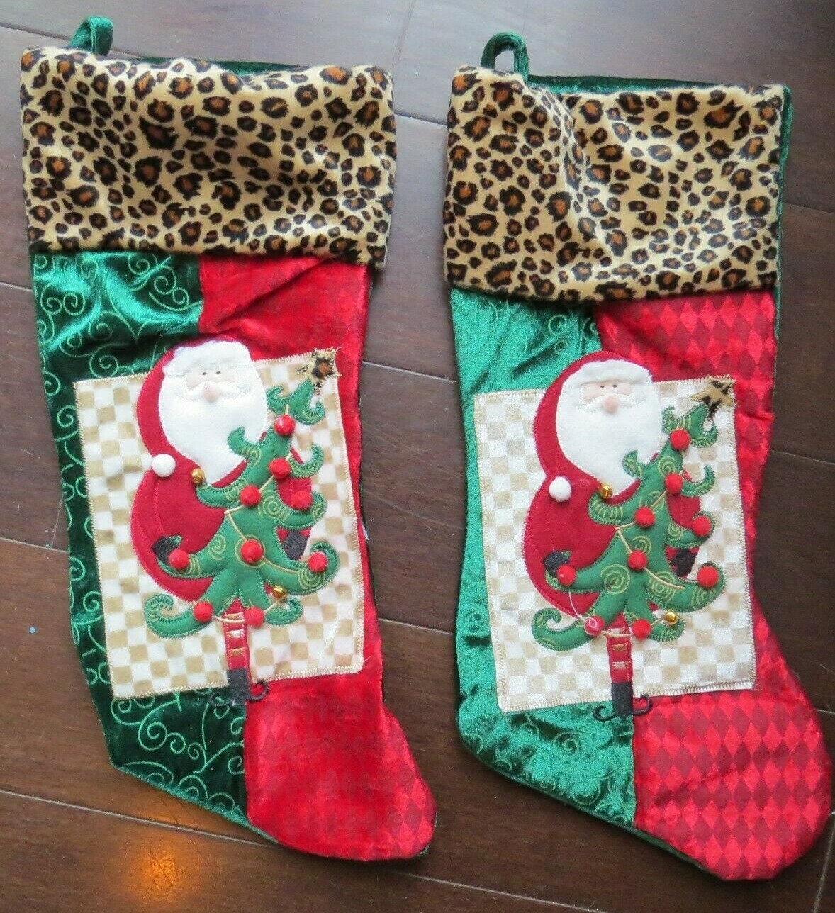 2 Christmas Sock/Stocking w/ SANTA & Bells 