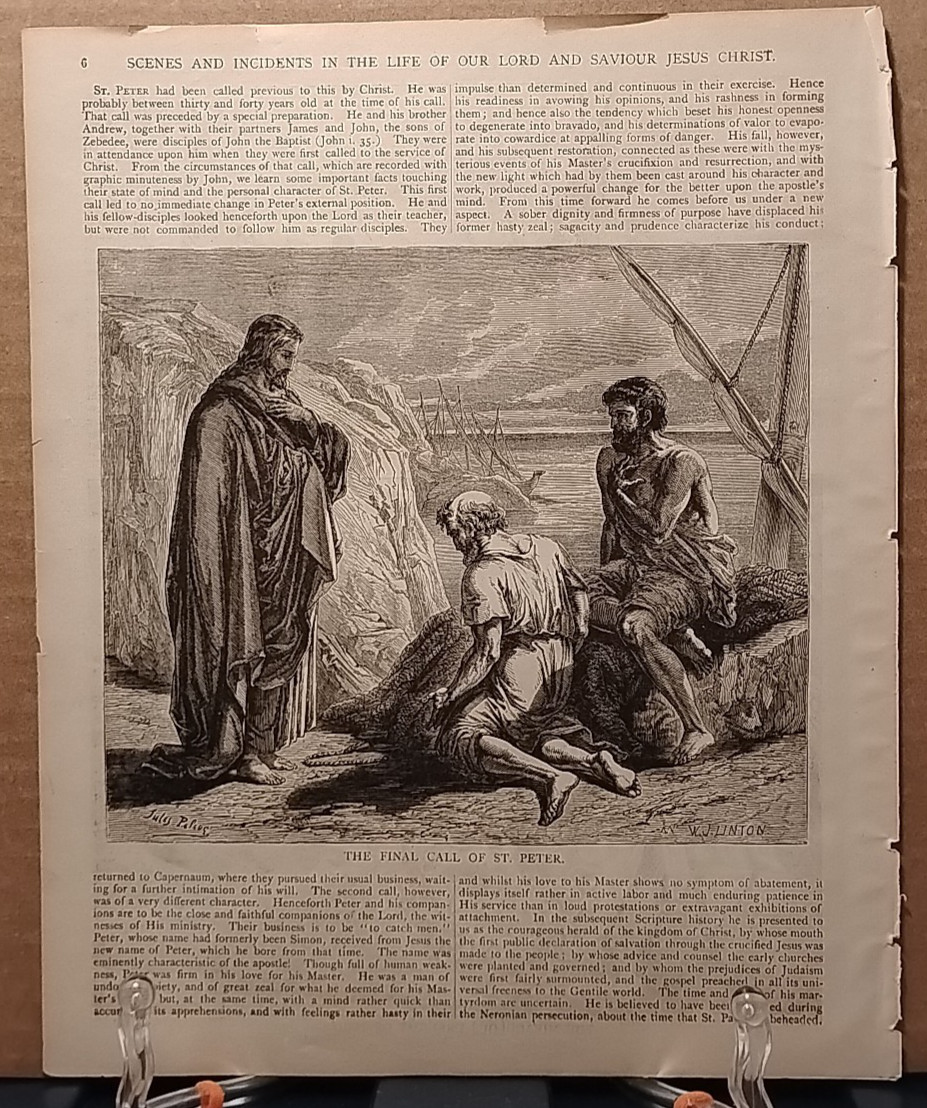1884 - Vintage FINAL CALL OF ST. PETER Antique Bible Print from 1800s