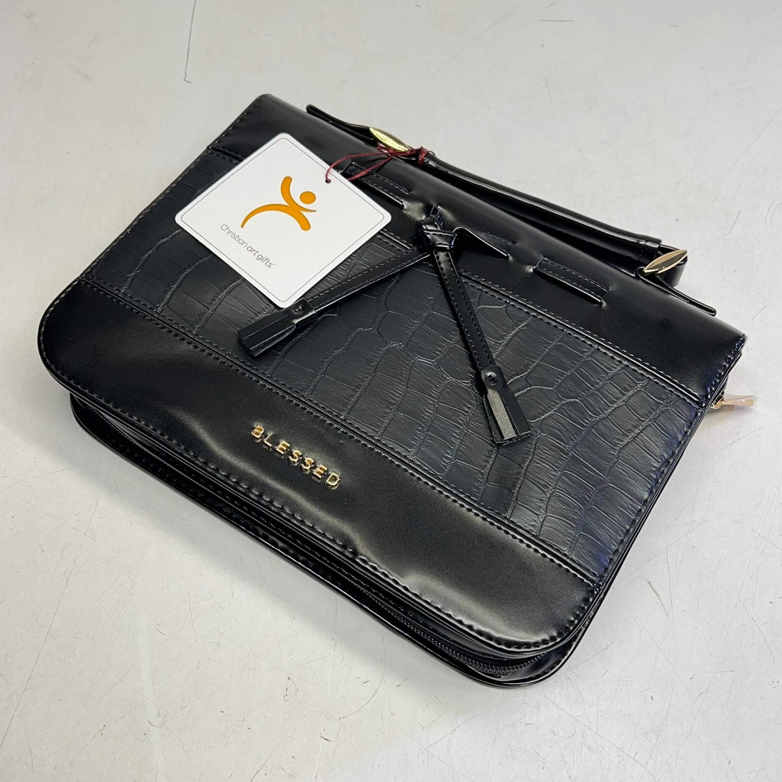 CHRISTIAN ART GIFTS "Blessed" Faux Leather Alligator Skin & Bow 7"x10" Black