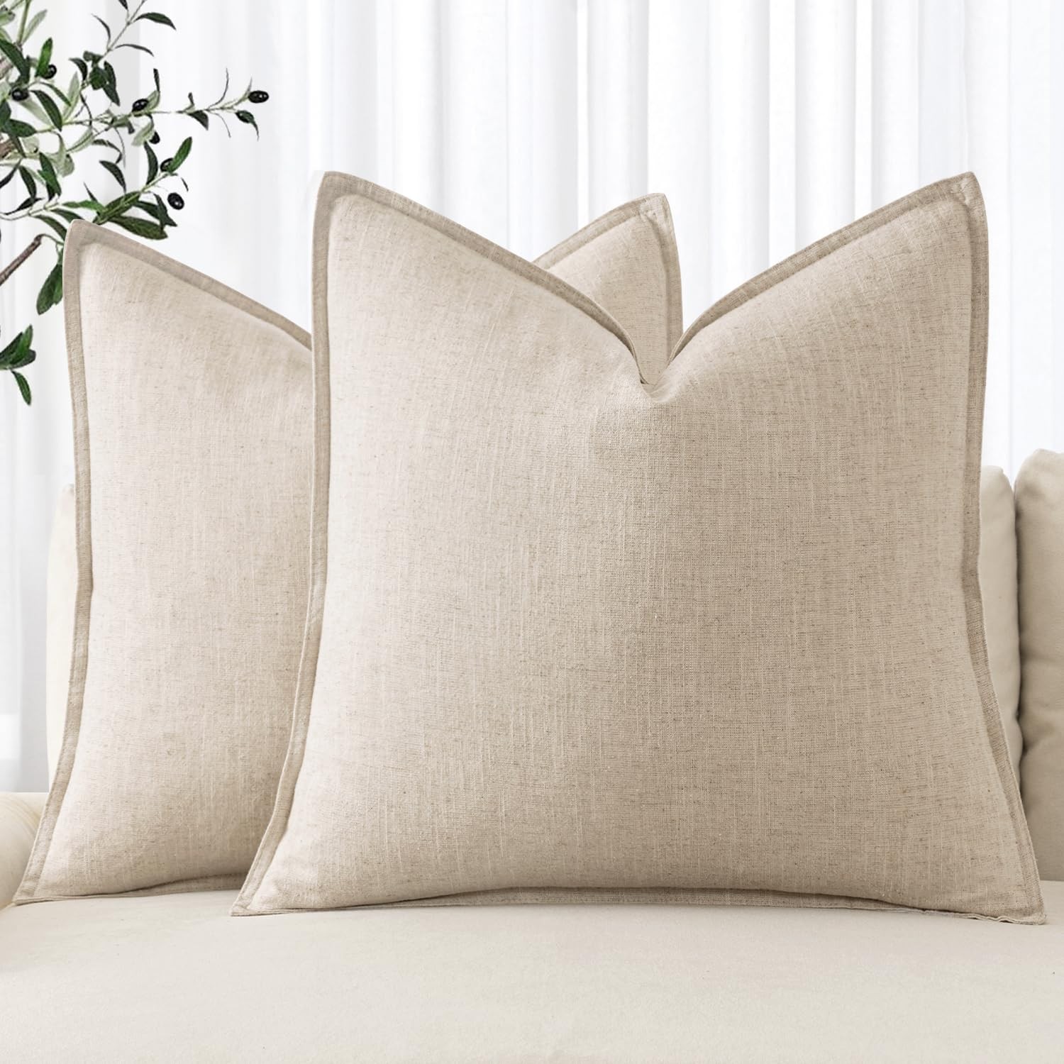 MIULEE Decorative Linen Euro Sham Pillow 24" x (Pack of 2), Natural Beige 