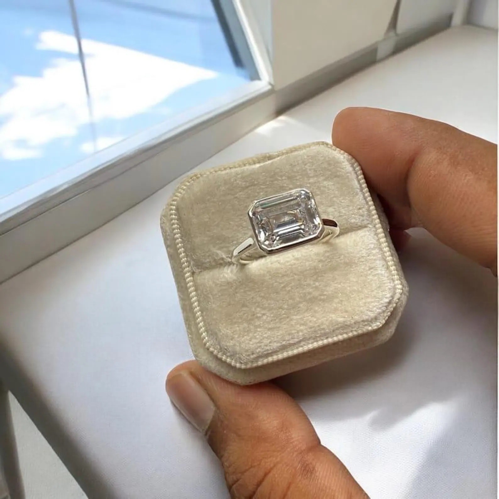 3 Ct Emerald Cut Moissanite Bezel Set Solitaire Engagement Ring 14k White Gold