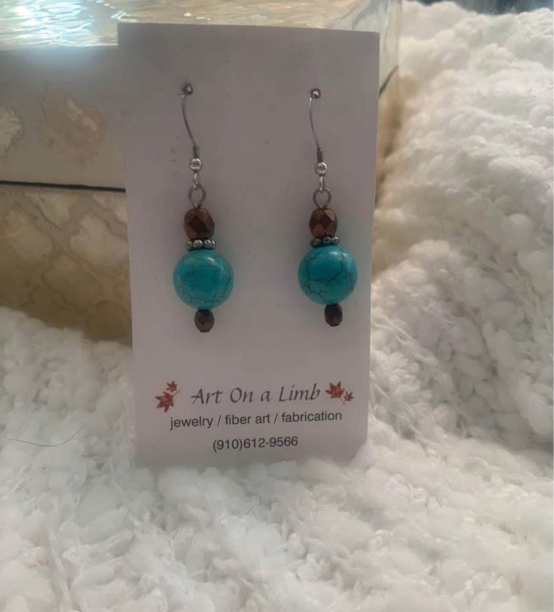 Art On a Limb Handcrafted Turquoise Brown Beaded Dangle Earrings Silver
