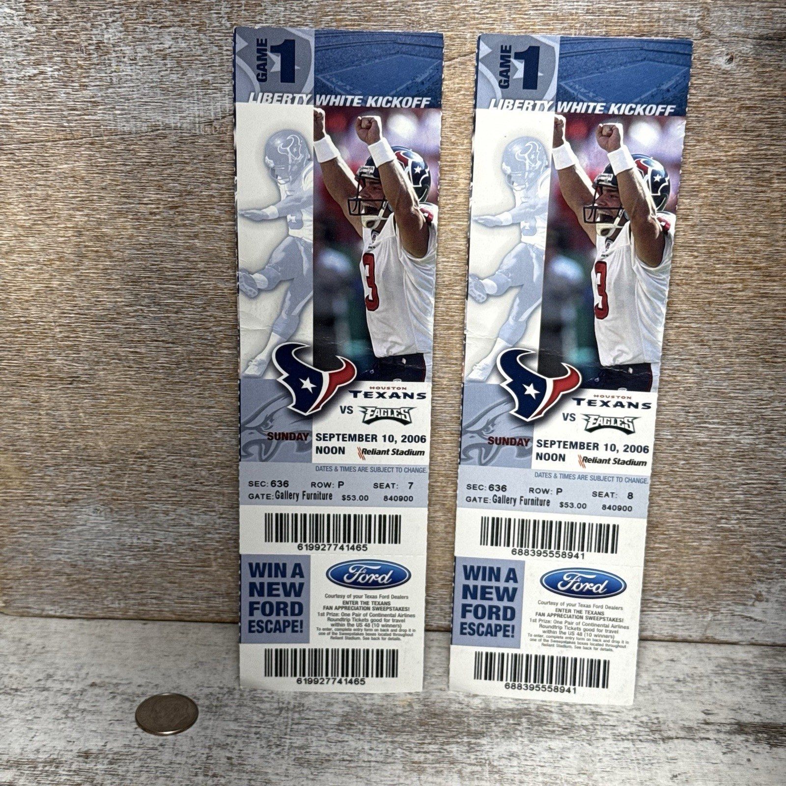 2 x NFL Houston Texans Tickets GAME 1 September 10 2006 Sec 636 Row: P Seat 7, 8