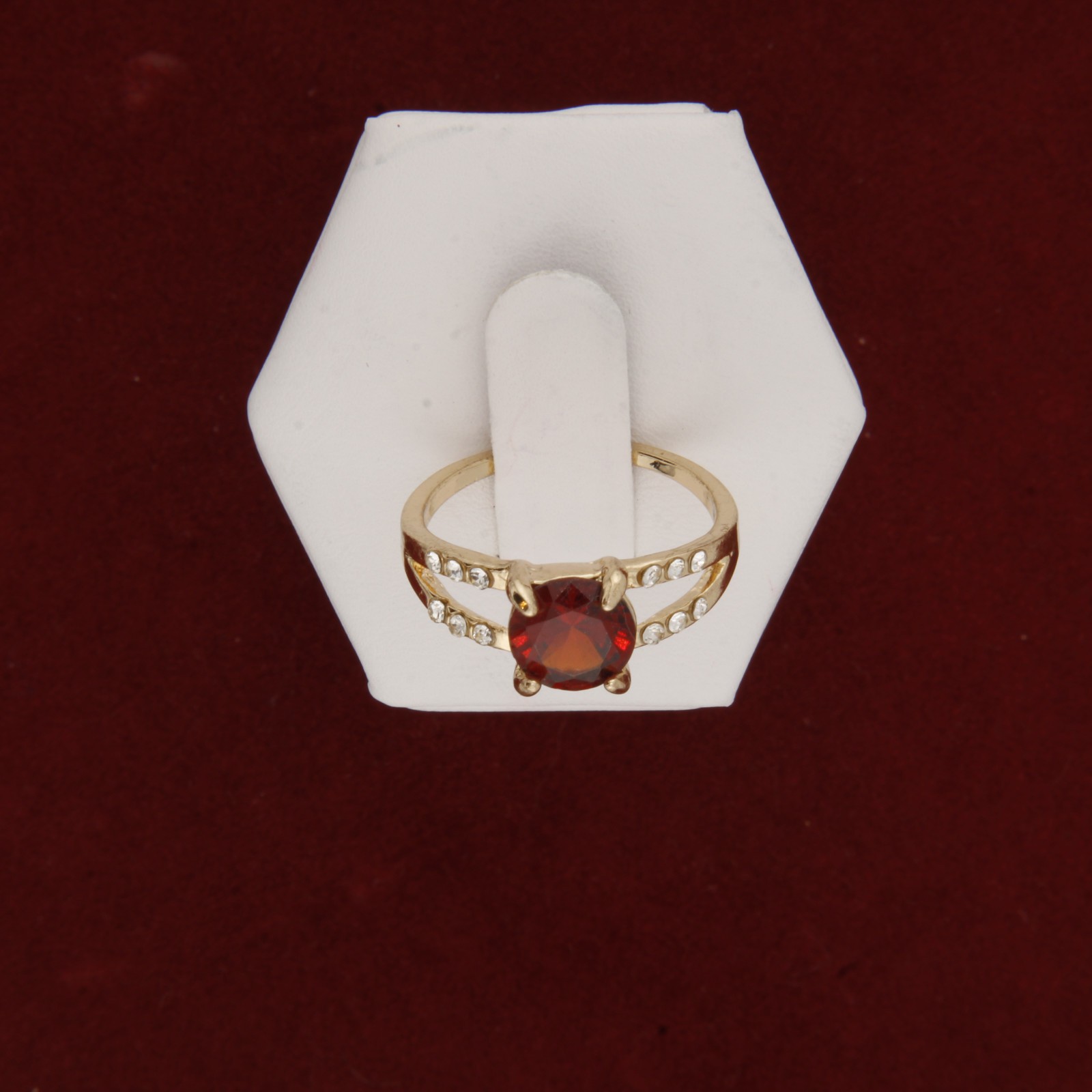 Vintage Yellow Gold Plated Ring Red Garnet Round Stone Size 8.5