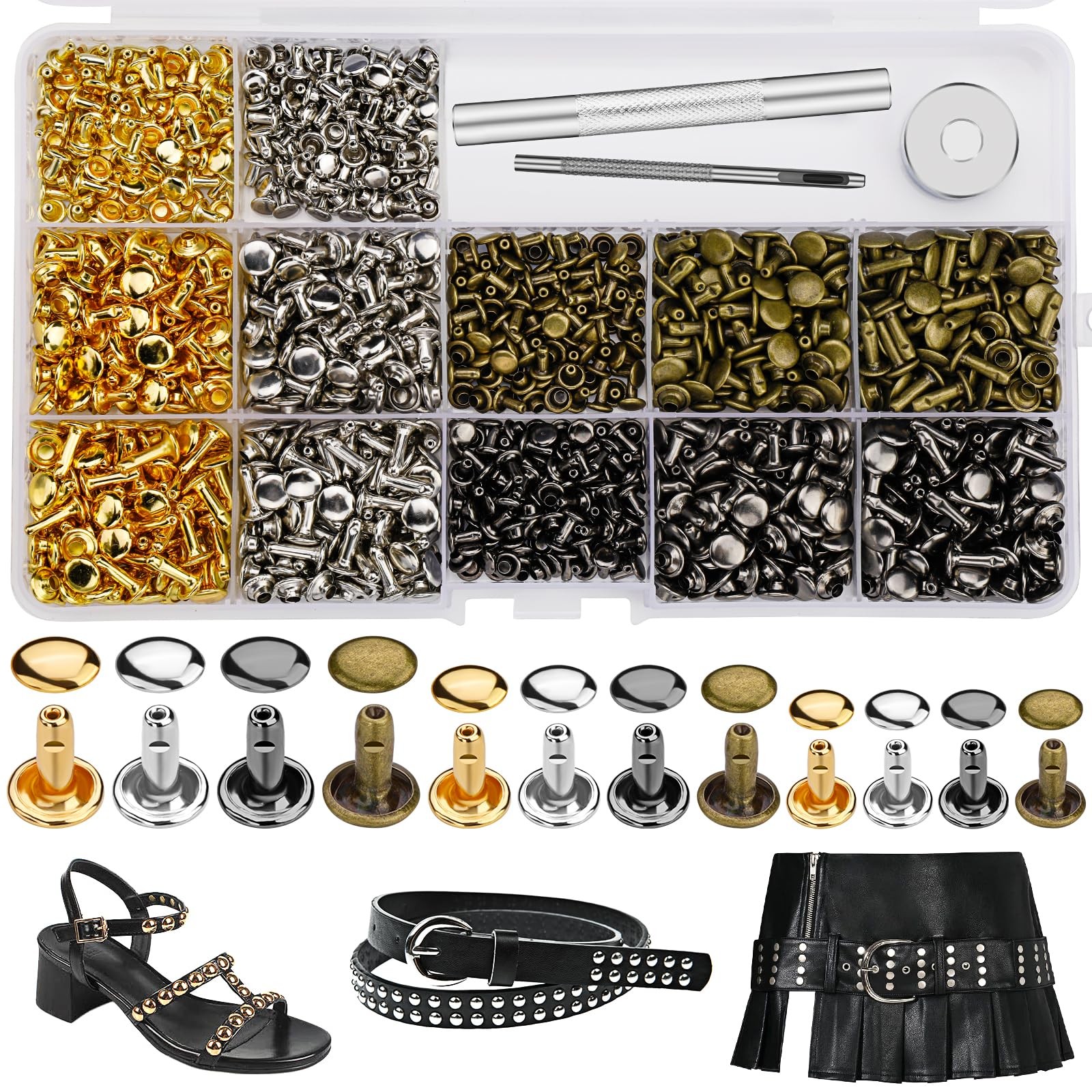CBHGFEA 540 PCS Leather Rivets, 3 Different Dark gray, brown, gold, silver 