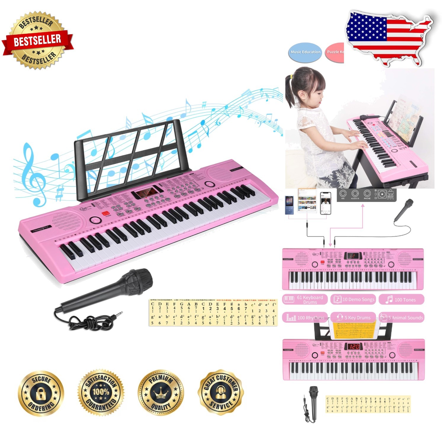 Beginner Electronic Keyboard 61 Keys - Portable, Pink, Dual Power, Learn Music