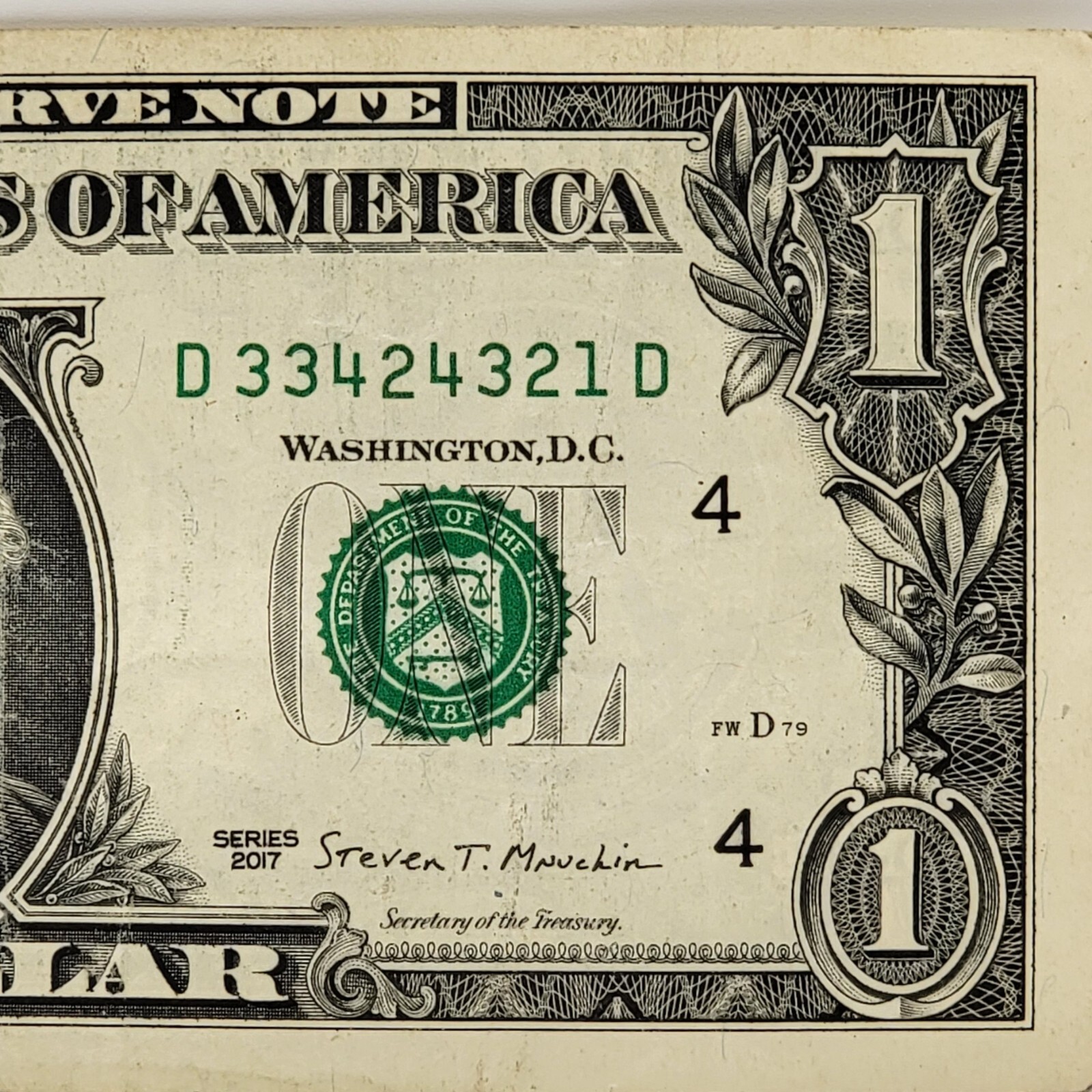 Four Digit Ladder Fancy Serial Number One Dollar D33424321D Trip 3s Pairs 4s 2s