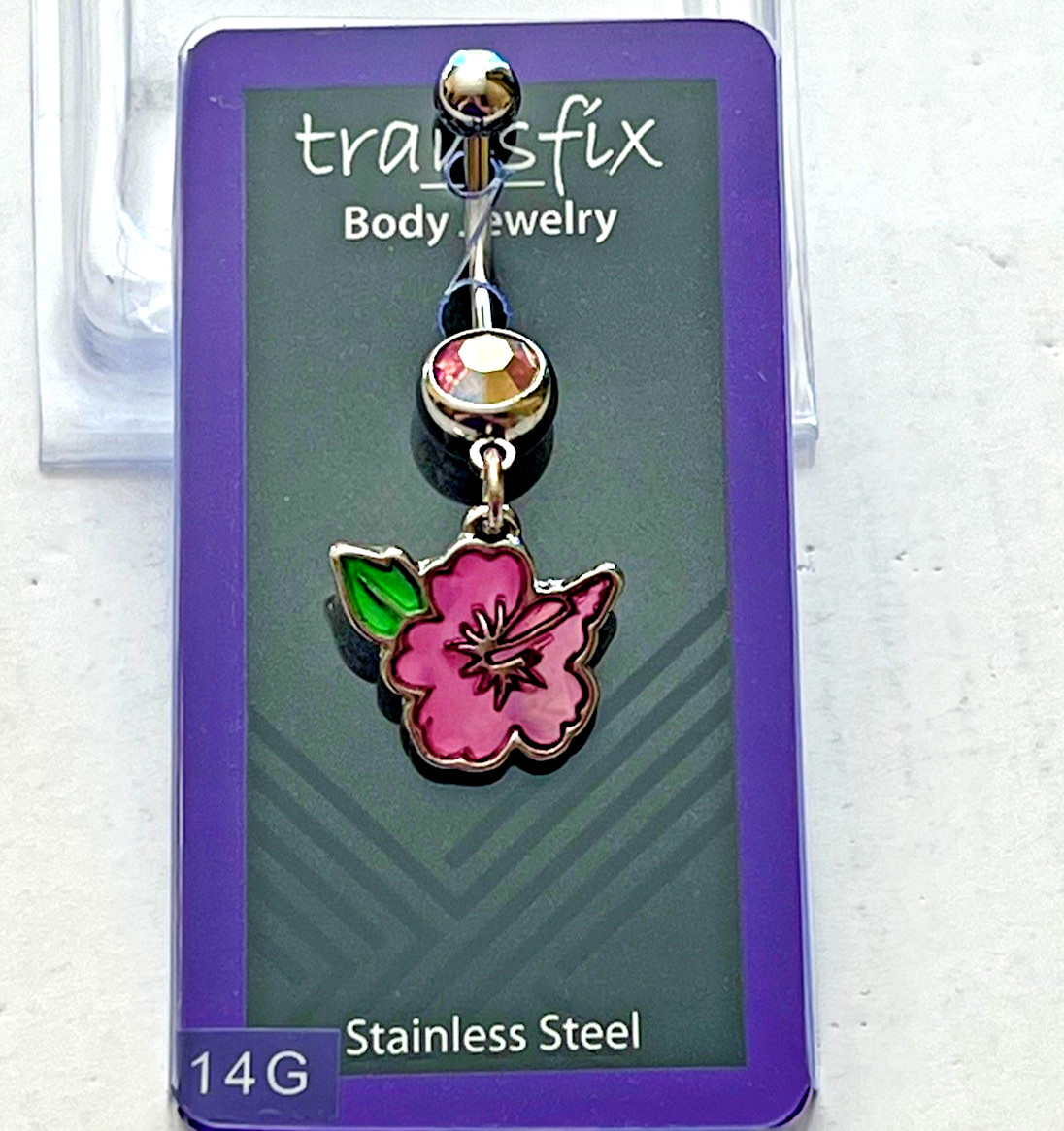NEW from Transfix- 14G BELLY BUTTON JEWELRY / Ring /HIBISCUS flower DANGLE CHARM