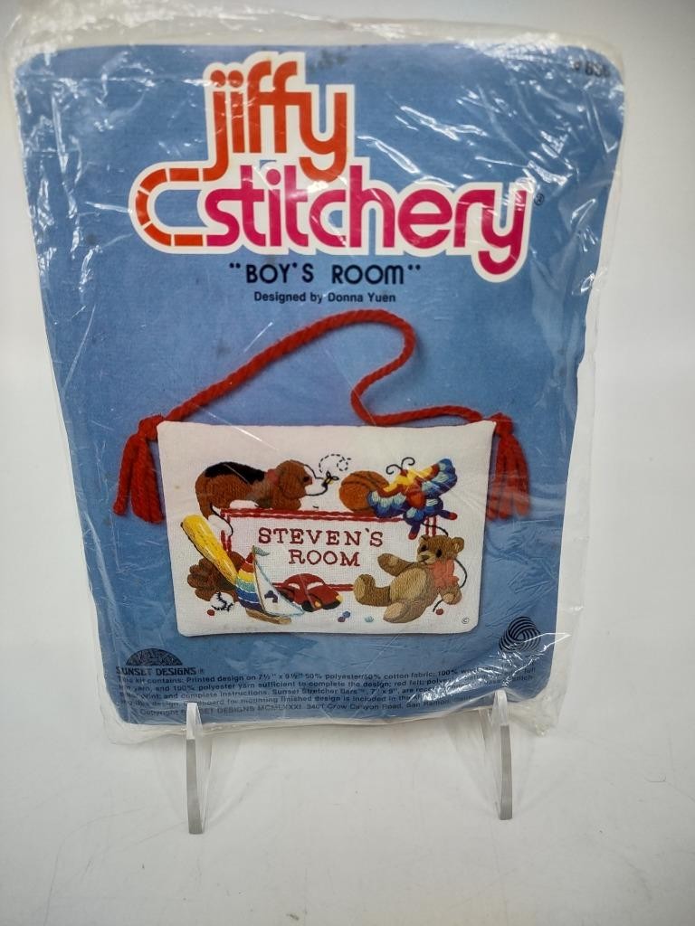 Vtg Jiffy Stitchery Boy's Room Crewel Kit Toys Teddy Bear Dog Sports Door Hanger