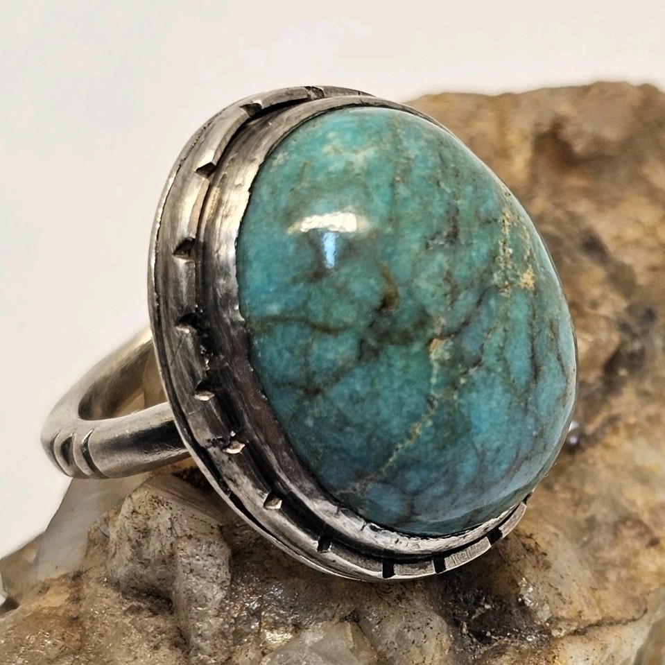 Handcrafted Silver Ring with Oval Turquoise Gemstone , Size 5 3/4