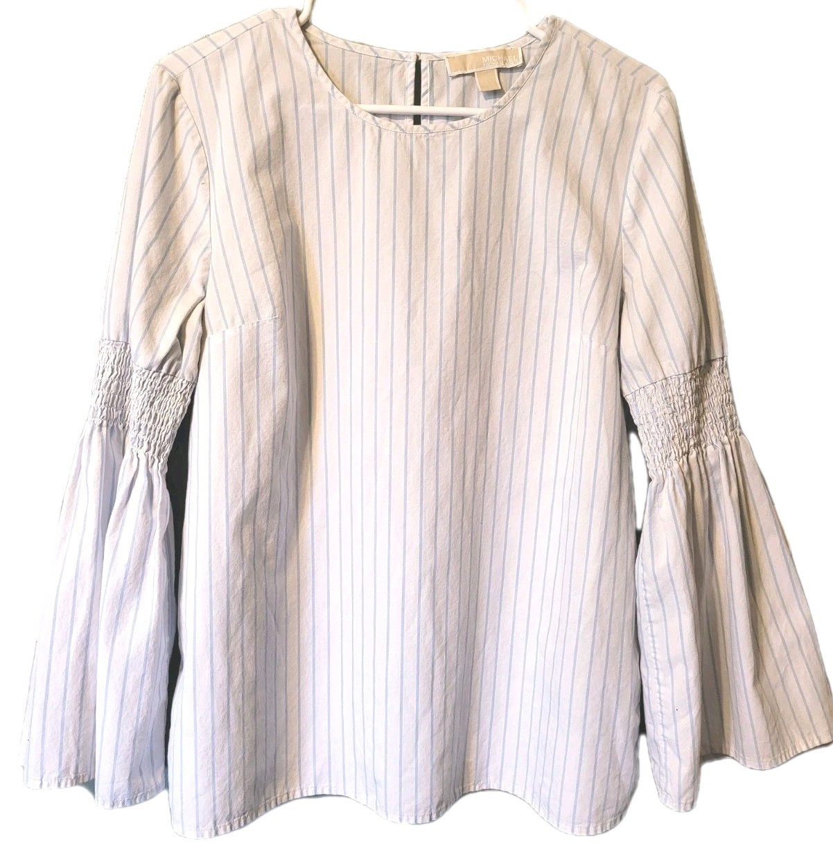 Michael Kors Women's White Blue Striped Bell Sleeve Blouse Size Large Clean Girl