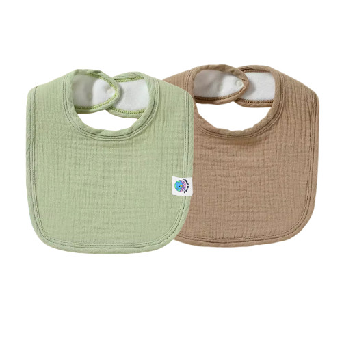 Set of 2 Muslin Drool Bibs 100% Soft Cotton With Backing 1 Green and Khaki
