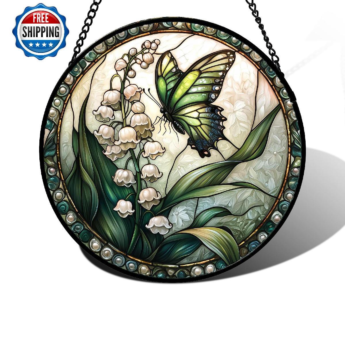 DASTOLL Stained Glass Window Hanging, Lily Valley Flower Butterfly Suncatcher