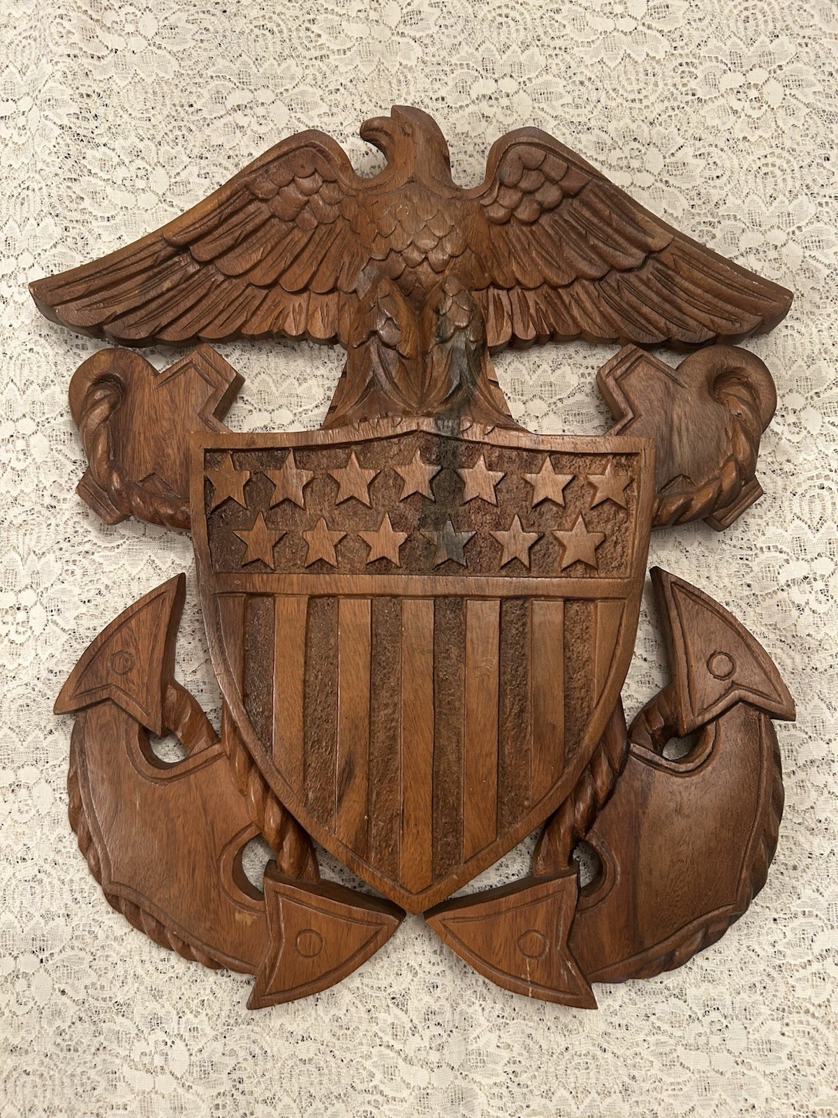 Vtg Hand Carved Solid Wood WWII Naval Officer Shield Wall Hanging Plaque 16x18