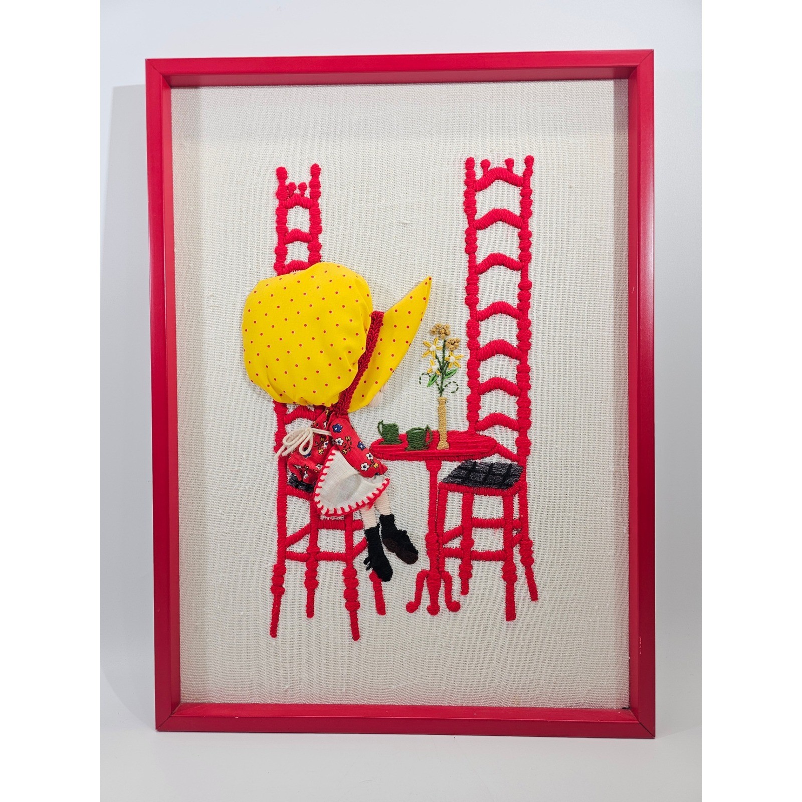 Vintage 1990s Tea Party Girl Holly Hobbie Style Crewel & Fabric 23x17 Framed Art