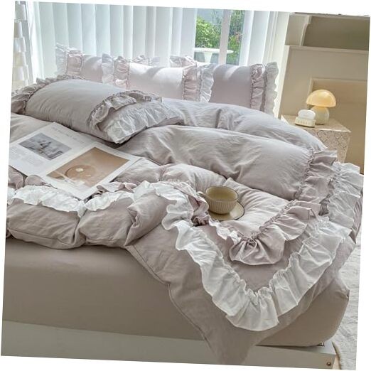 Shabby Chic 3 Pieces Bedding,Vintage Ruffled Duvet Cover Set Queen Cream Grey