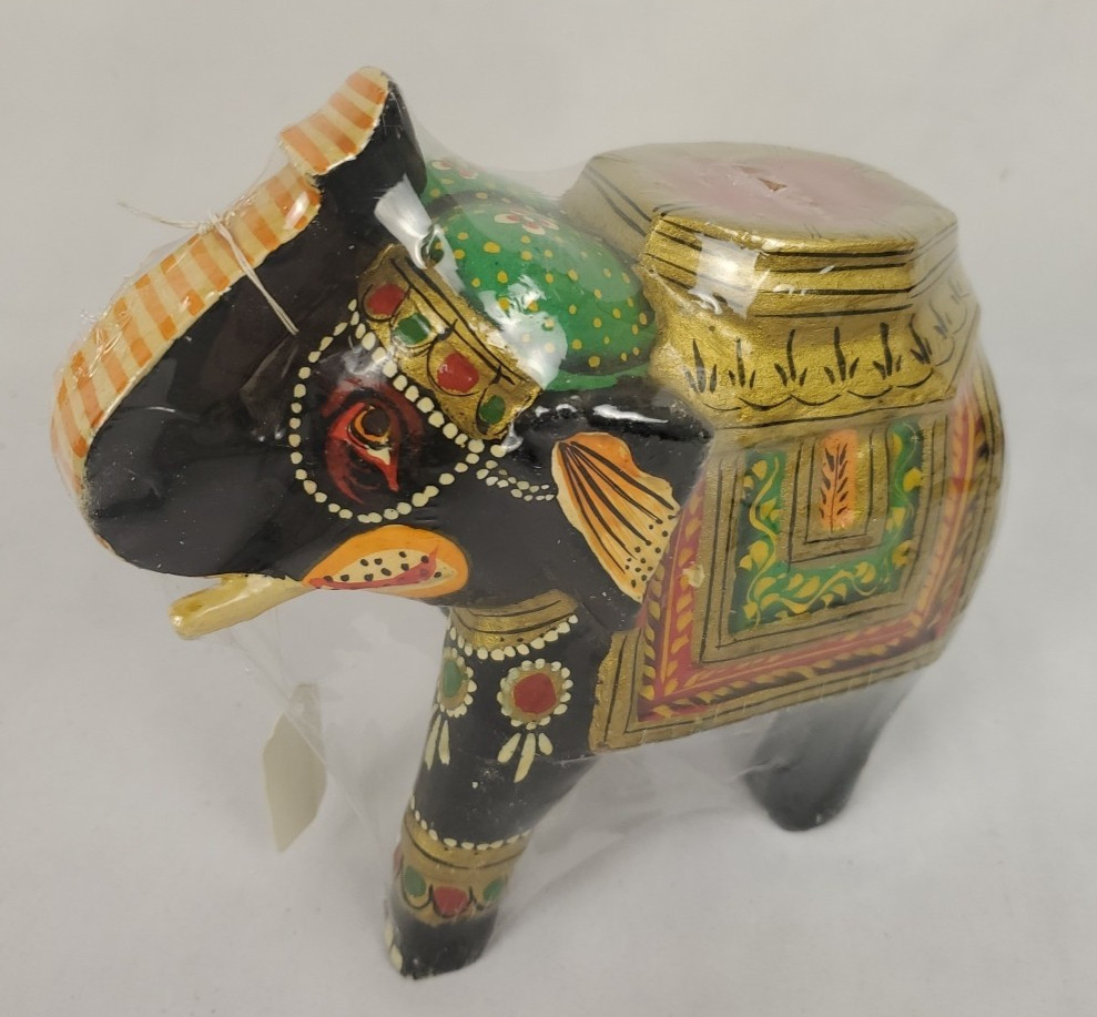 Vintage Wooden Carved Elephant Figurine Hand Painted Trunk Up