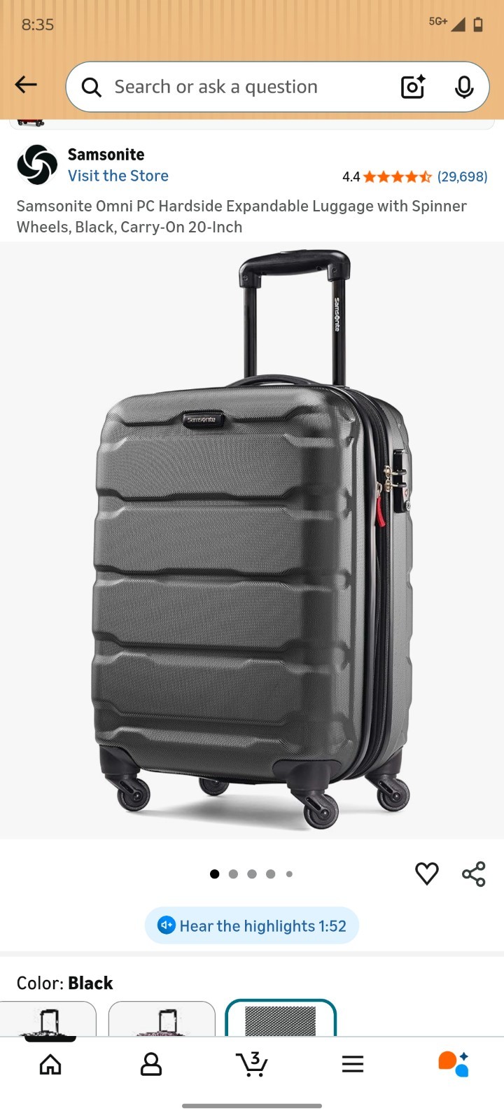 Samsonite Omni PC Hardside Expandable Luggage with Spinner Wheels Black 20"