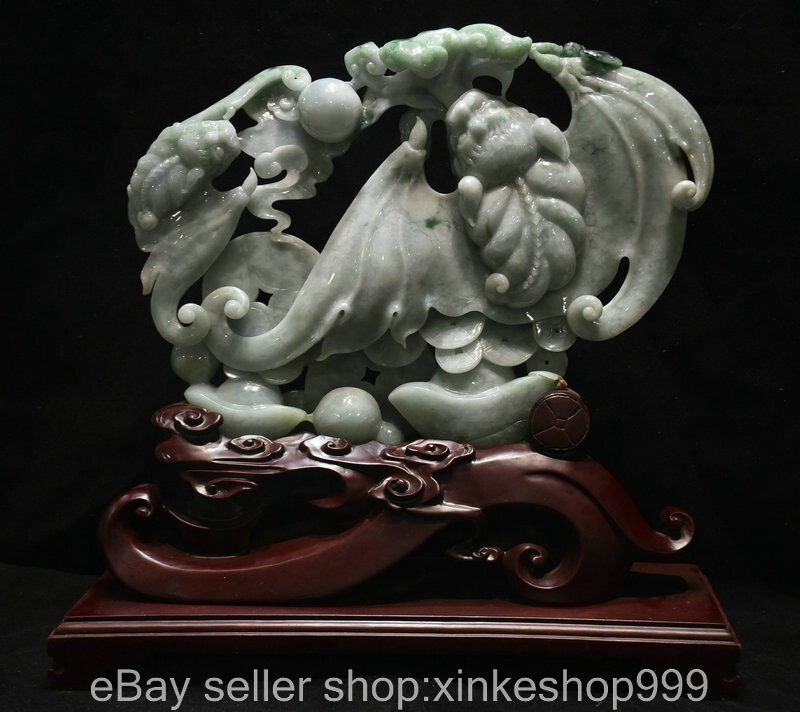 14" Chinese Natural Emerald Jade Jadeite Carving Bat Beast Fu Shou sculpture