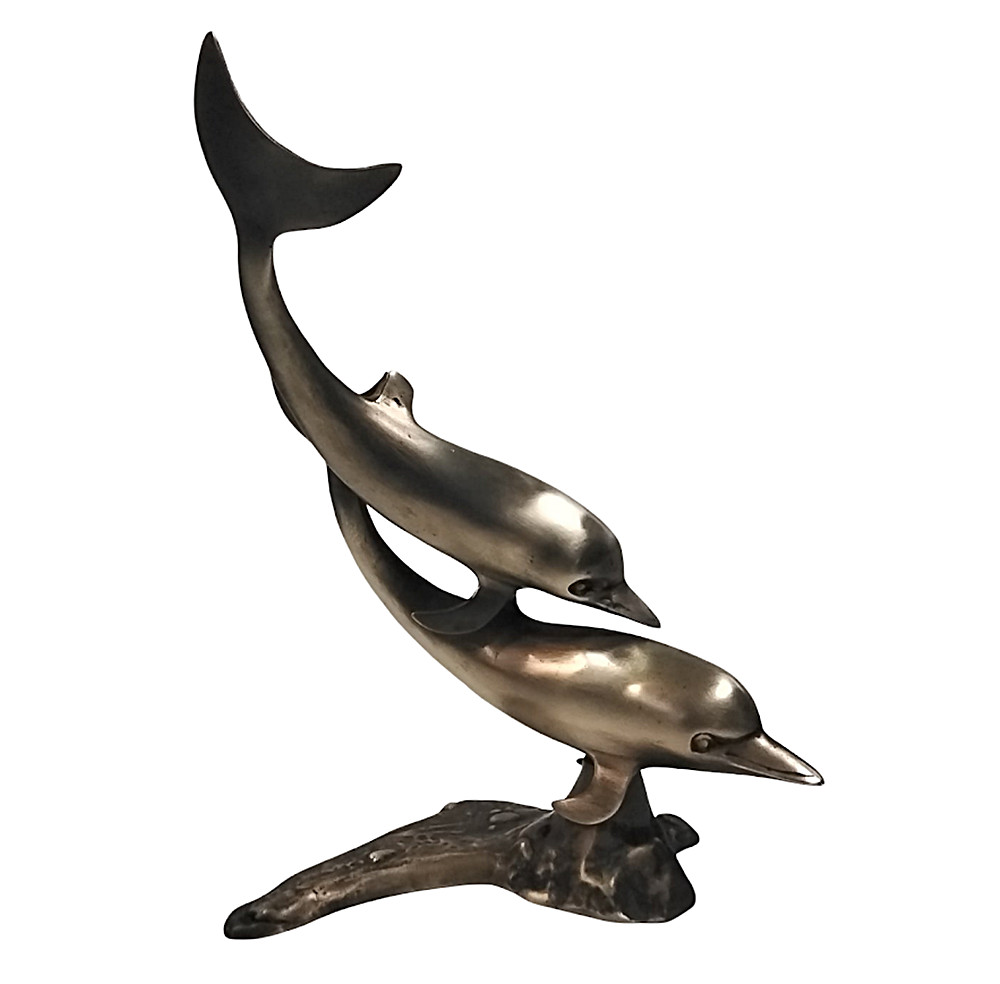 Vintage Mid Century Modern 14" Brass Dolphins "Riding a Wave" Statue