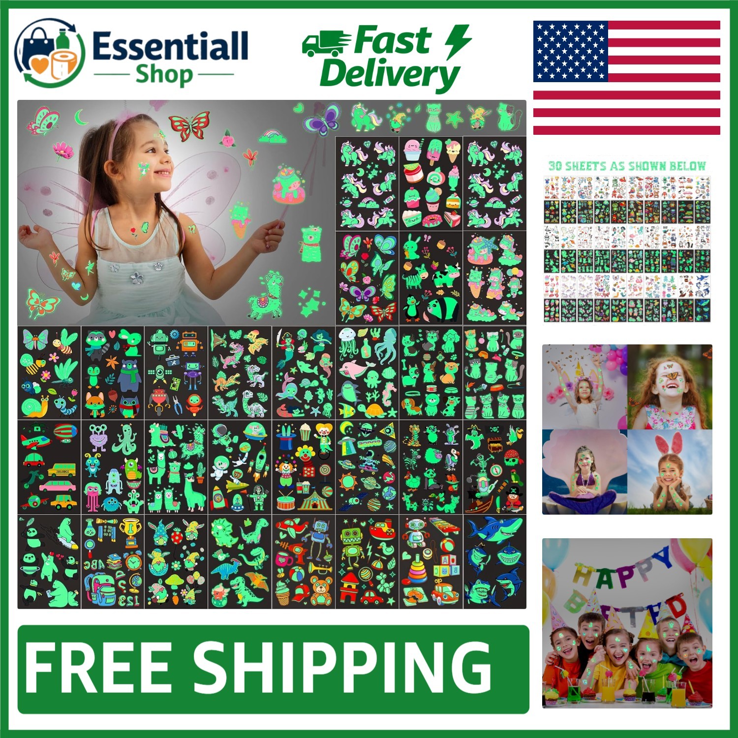 30 Sheets Glitter Temporary Tattoos for Kids - Glow in the Dark Party Favors