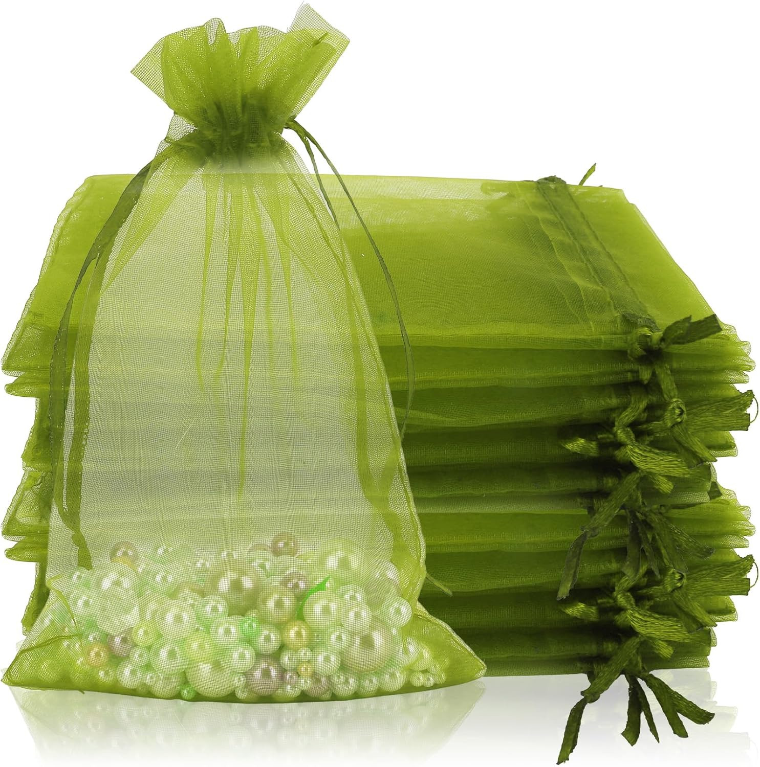 100PCS Organza Bags, 4x6 inch Small Mesh Bags Drawstring, Army Green Sheer Organ
