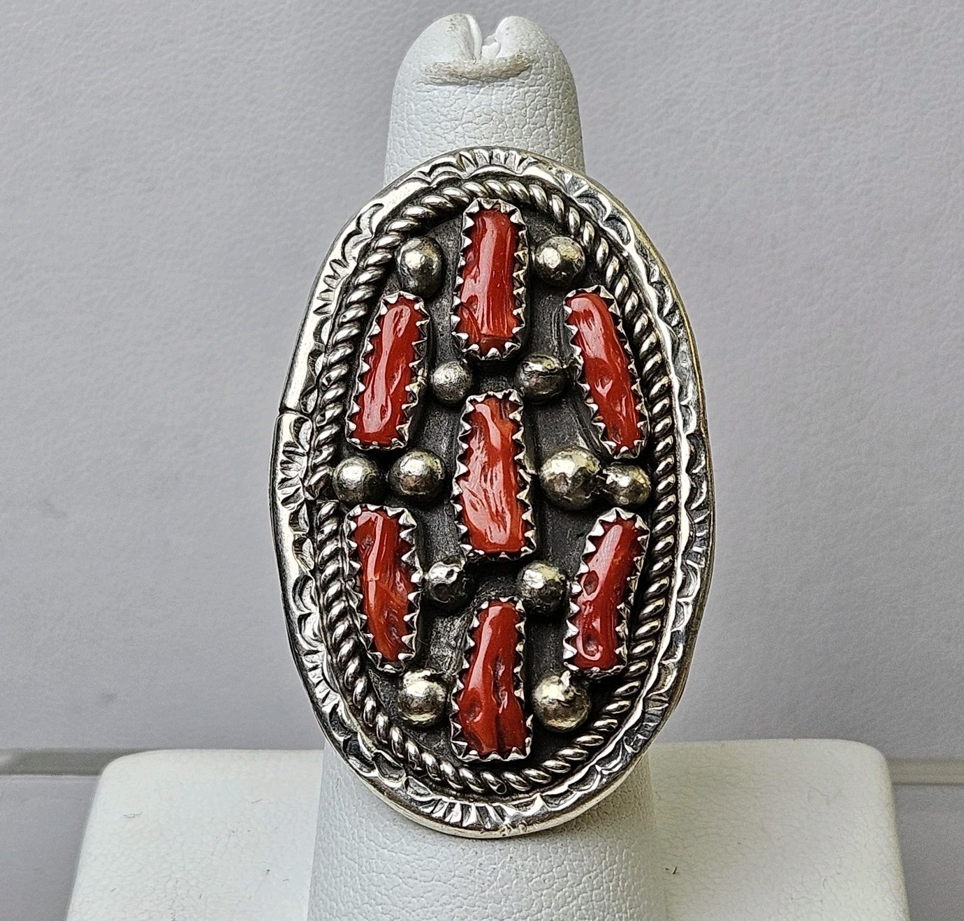 Huge Vintage Sterling Silver Mediterranean Coral Cluster Ring Navajo Size 8