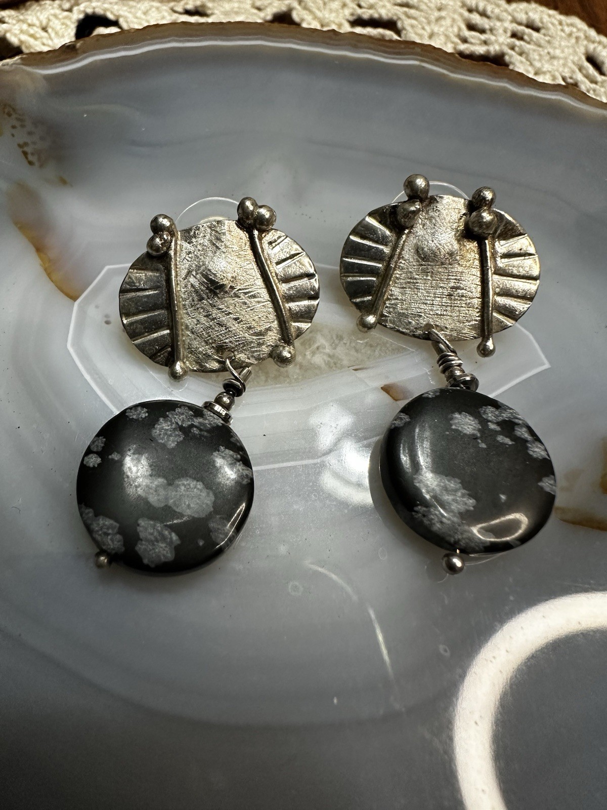Artisan Crafted Tests Sterling Snowflake Obsidian Earrings