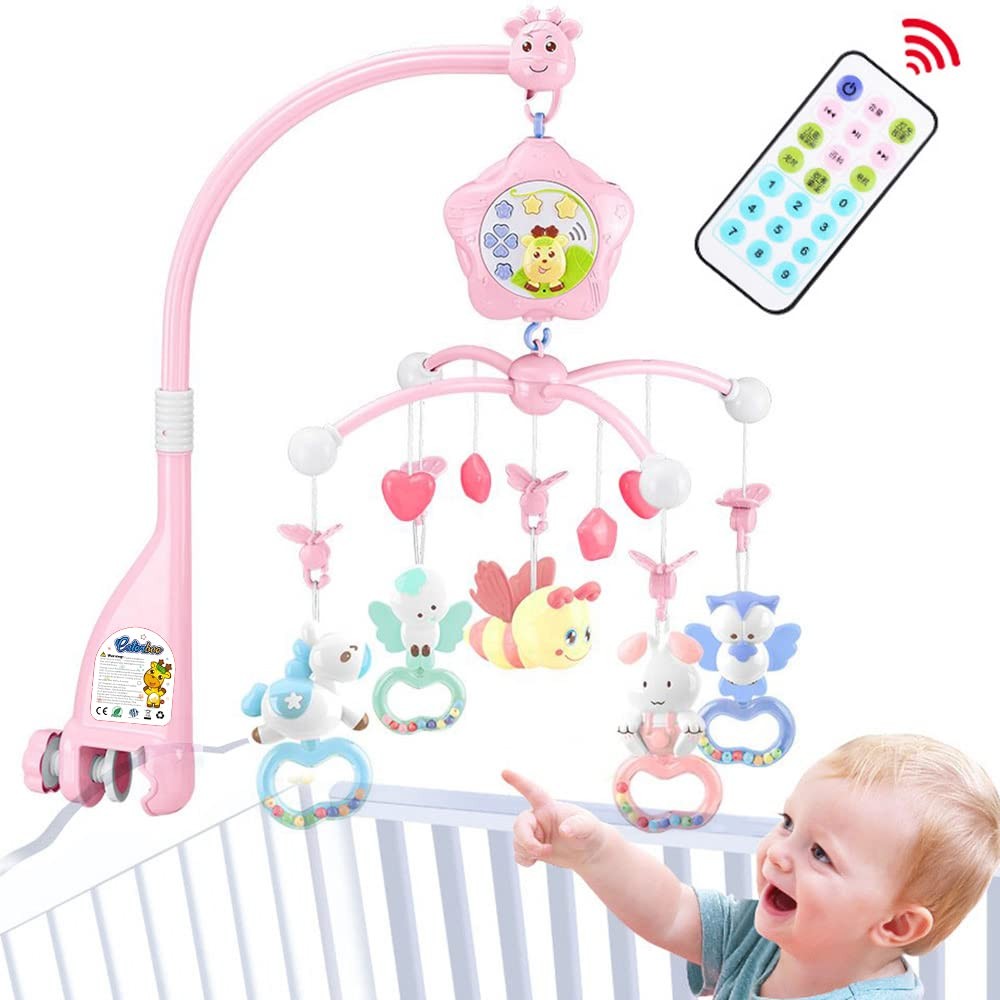 Baby Mobile for Crib Music Lights Remote Projection 0+ Months Pink-Bee