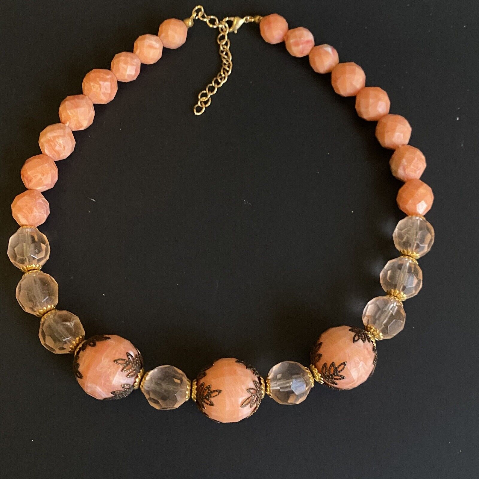 Vintage Faux Angel Skin Coral Graduated Faceted Bead with Filigree Caps Necklace