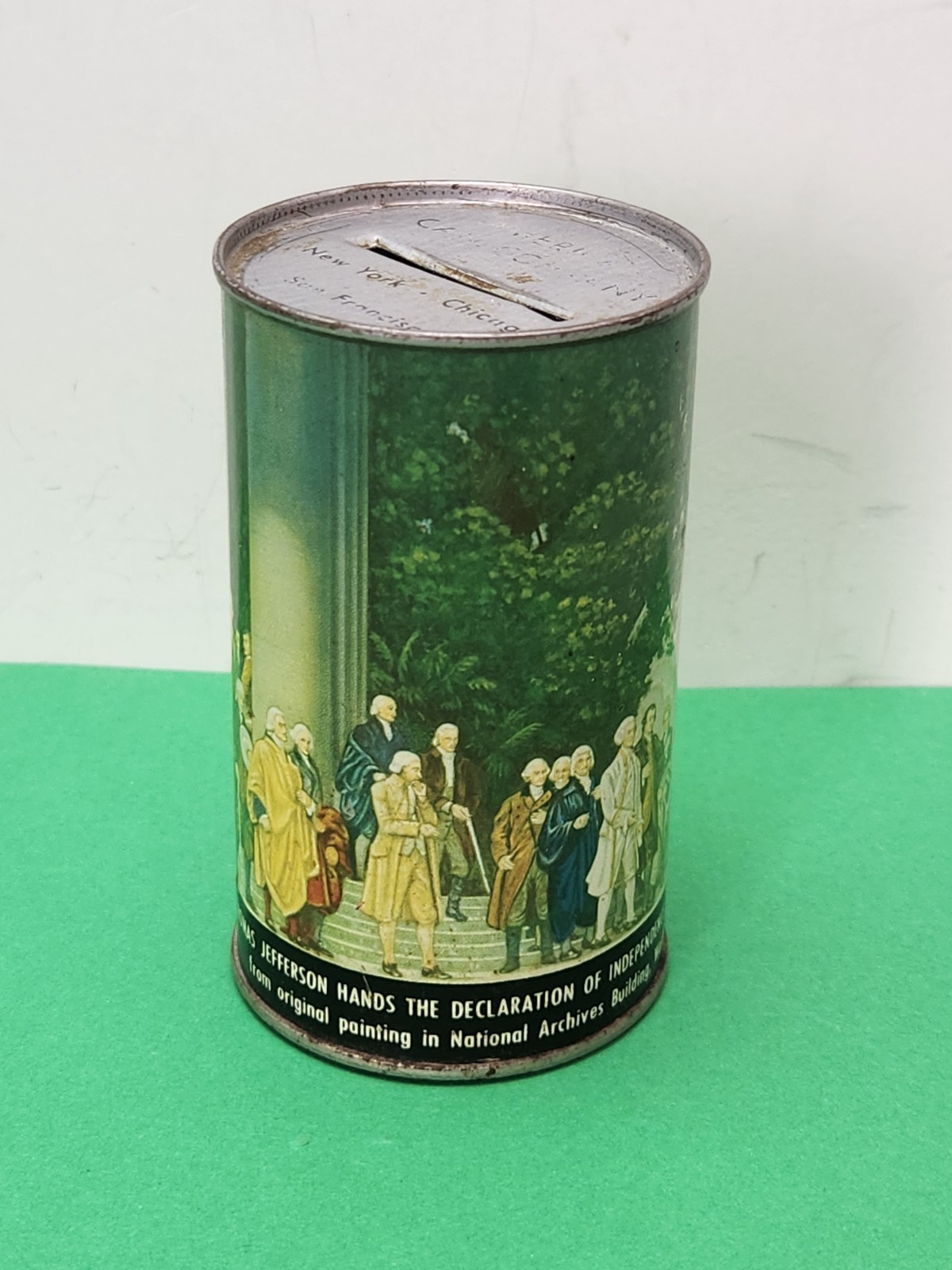 Vintage American Can Company CANCO Metal Bank Thomas Jefferson Declaration