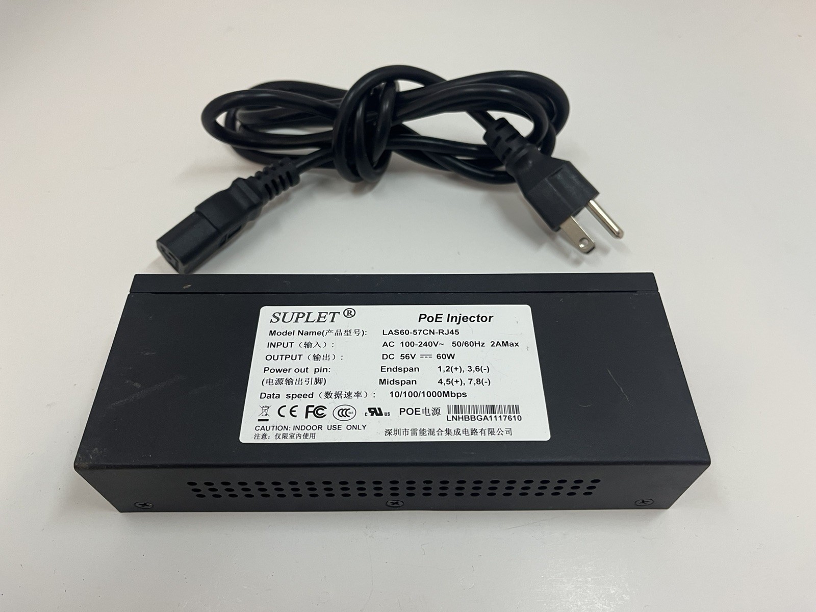 Genuine SUPLET LAS60-57CN-RJ45 60W POE Power Injector - Gigabit Ethernet