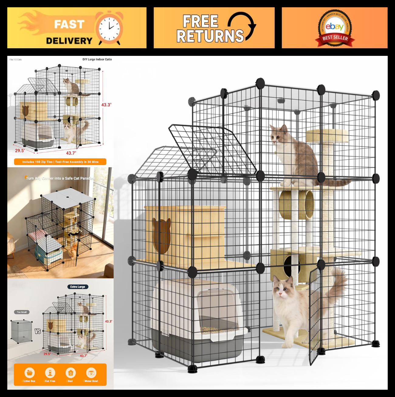 3-Tier Indoor Cat Cage with Skylight, Foldable Large Pet Enclosure, Litter Box A