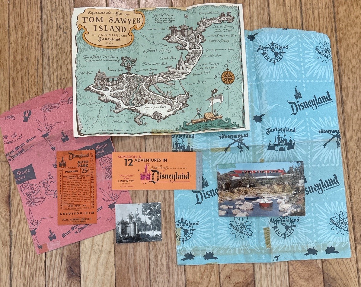 Vintage Disneyland Paper Ephemera Lot Tom Sawyer Island Map Tickets Bags 1950s