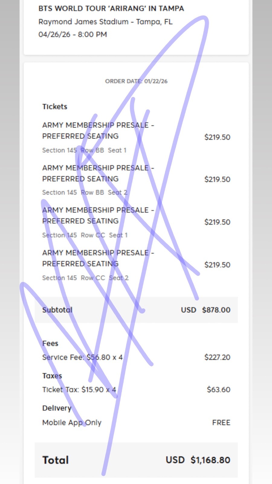 BTS Tickets Tampa, 4 tickets, Section 145. Seats 1&2 row BB&CC