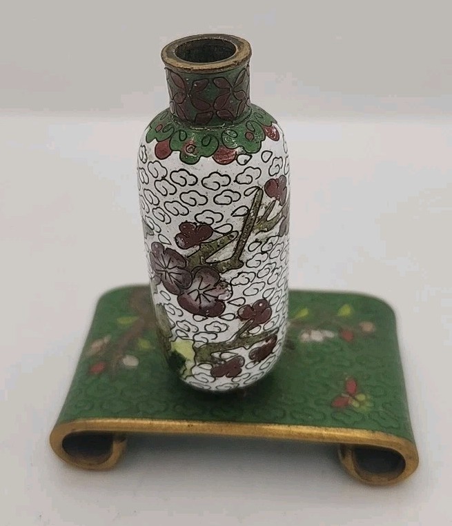 2 Pc Chinese Miniature Cloisonne Snuff  Bottle Vase And A Pedestal