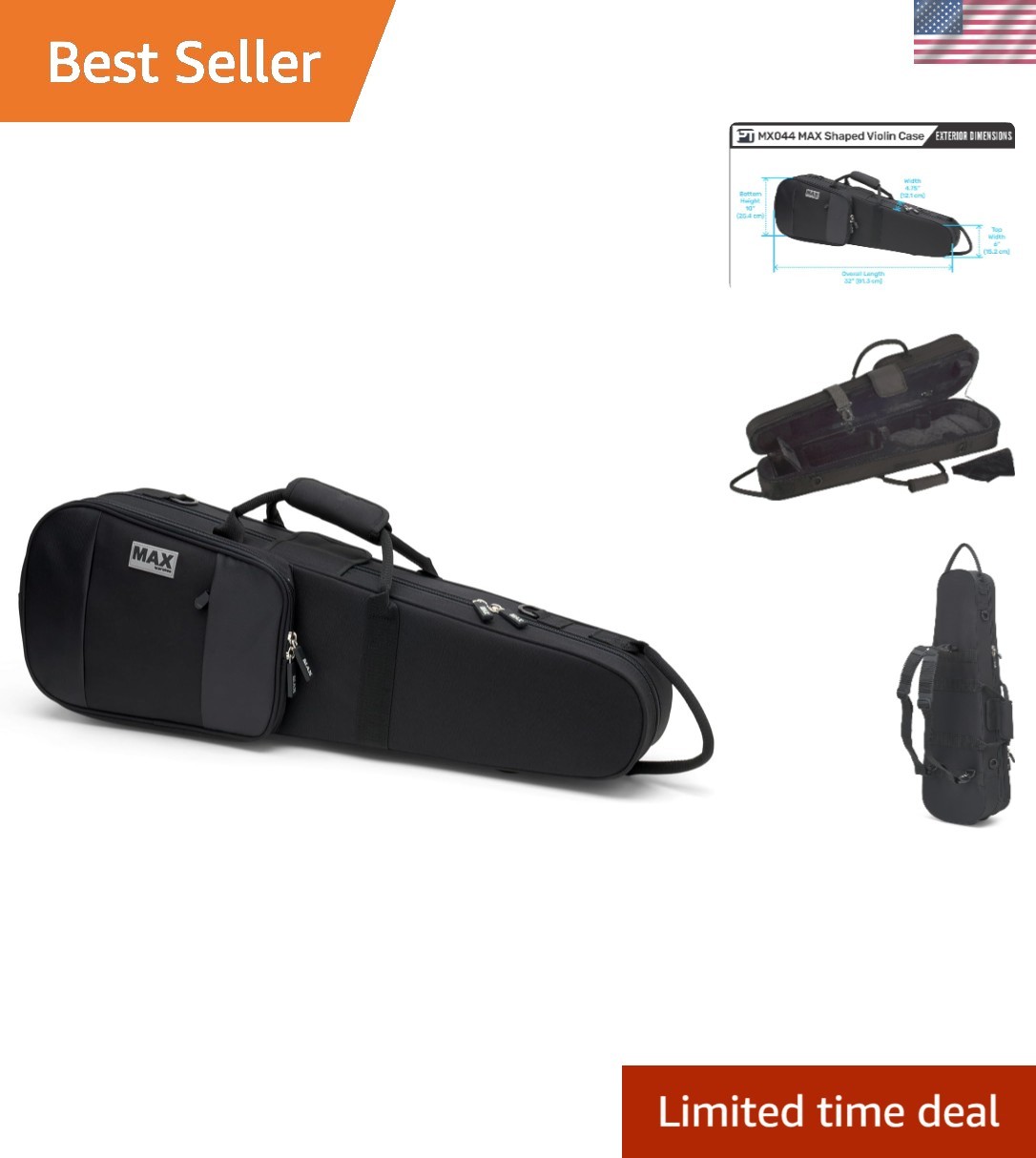 MAX 4/4 Full Size Lightweight Violin Case, Black, Model