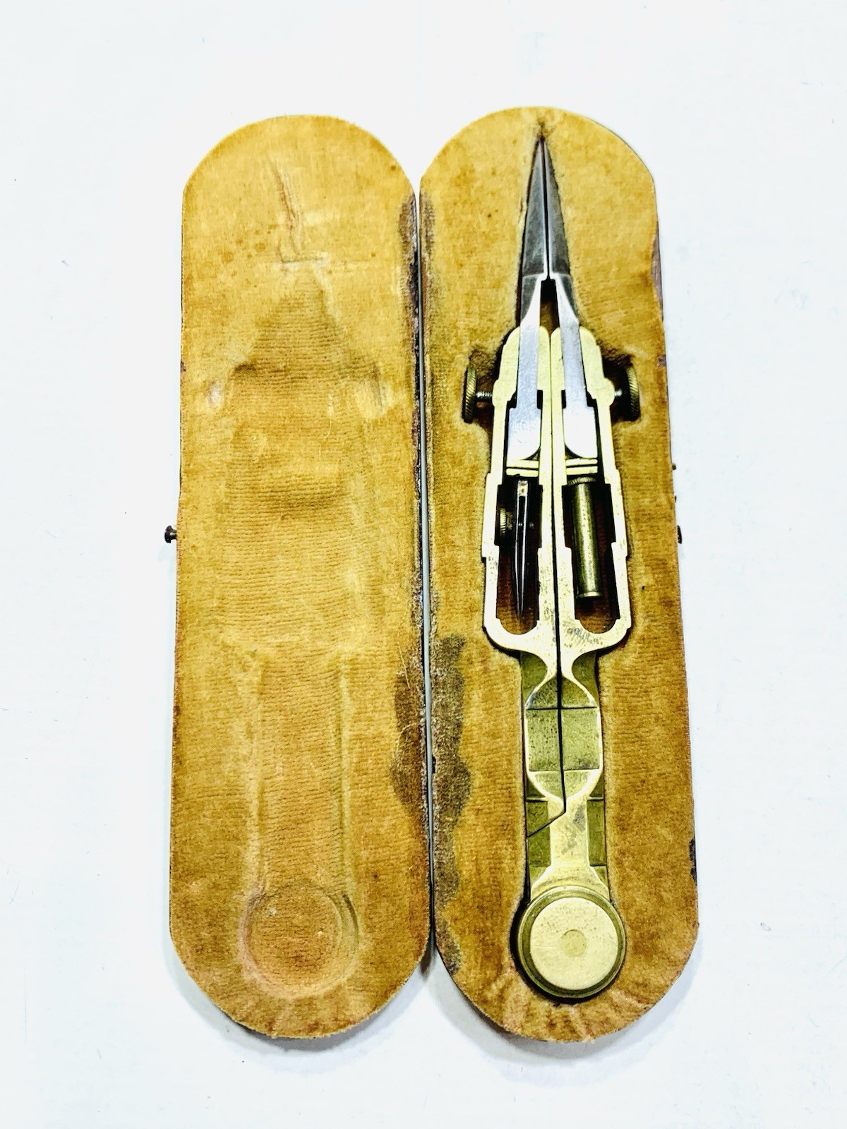 Antique 19th Century Brass Divider Drafting Compass, Original Wooden Box 5-1/16”