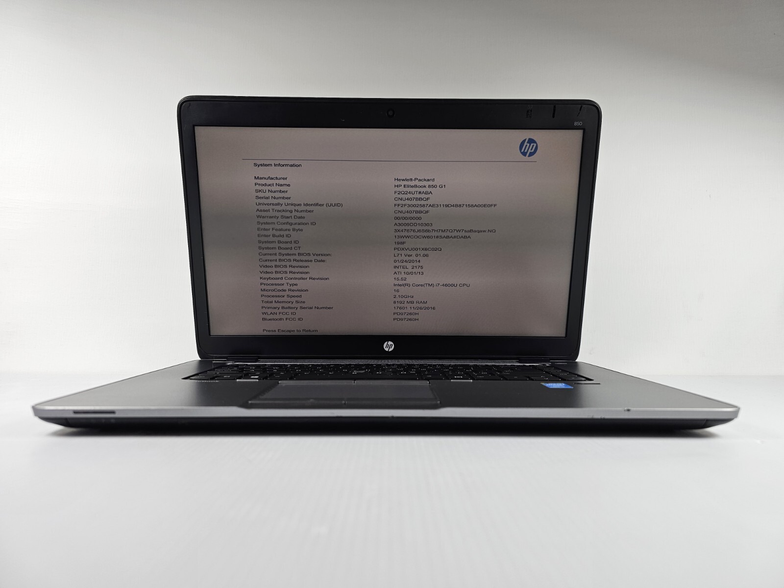 HP Elitebook 850 G1  Core i7 4600U 2.1GHz, 8GB RAM NO HDD Laptop