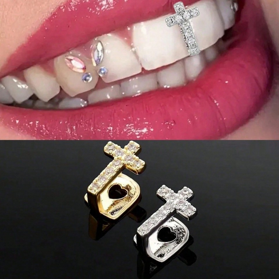 Hip Hop Zircon Cross Teeth Grillz Fashion Single Stone Tooth Caps For Women Men